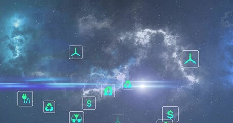 Floating translucent teal badge cluster drifting in space, with energy and eco icons © vectorfusionart