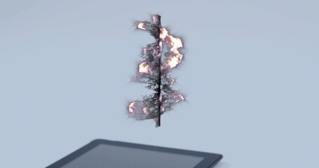 Obraz premium Floating slender vertical branch glowing above minimalist studio surface, with dark tablet