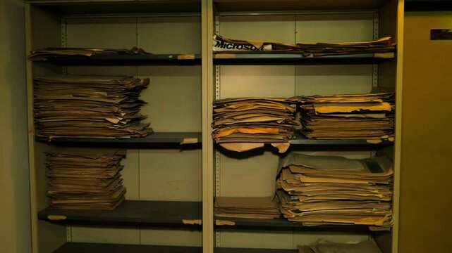 Metal shelving unit filled with old paper documents and patient records in a rural hospital in Cameroon. Interior view of outdated filing system.