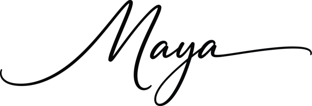 A beautiful black cursive signature with the name Maya on a white background