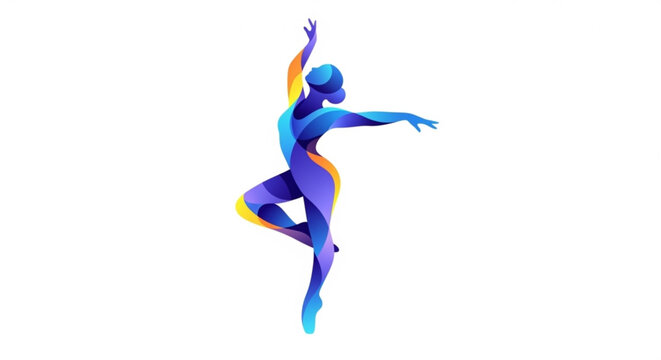Vibrant dancer in dynamic pose with colorful gradient hues on white background expressing movement and freedom
