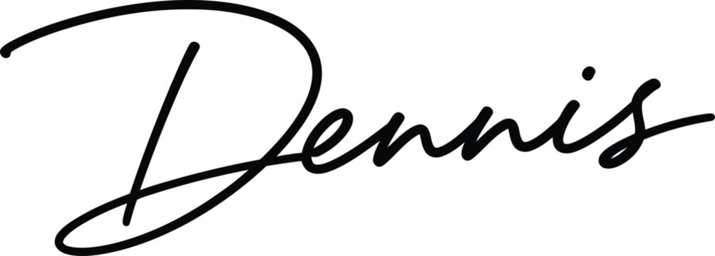 A stylish black signature of the name Dennis on a white background