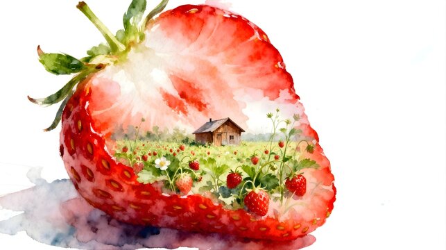 Watercolor strawberry fruit with small farm house and berry field inside, creative summer harvest art concept