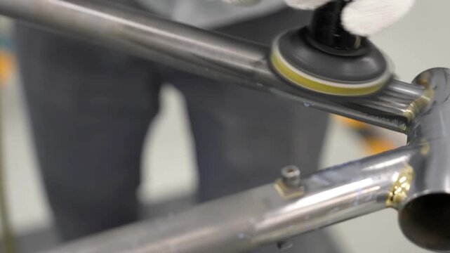 Worker using a handheld orbital sander to smooth and polish a metal bicycle frame joint in a specialized workshop