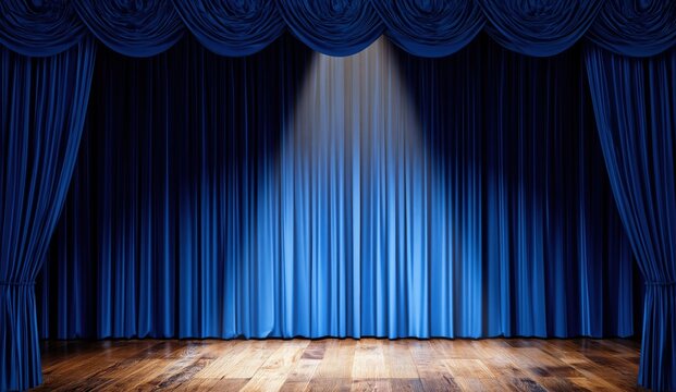 Blue stage curtains drawn closed, illuminated by a spotlight over a polished wooden floor, ready for a theatrical performance or presentation.