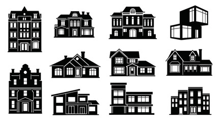 Fototapeta premium Architectural Black and White Silhouette Houses Buildings Vector Set for Real Estate