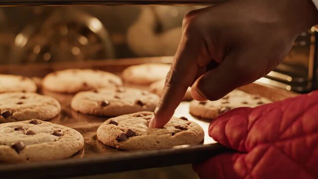 A hand reaches into the oven to touch a chocolate chip cookie to check its softness while others bake