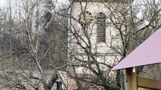 A visit to a stork village in Holzen near Kandern, Baden-W&uuml;rttemberg, a stork sits on the church steeple sits a stork, tilt down shot