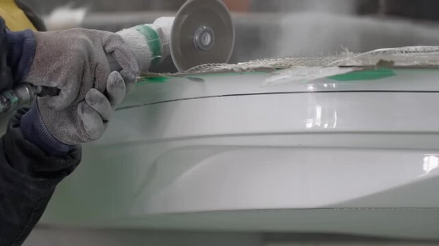 Close up of a craftsman using a pneumatic handheld cutting tool to trim the edges of a white fiberglass boat component