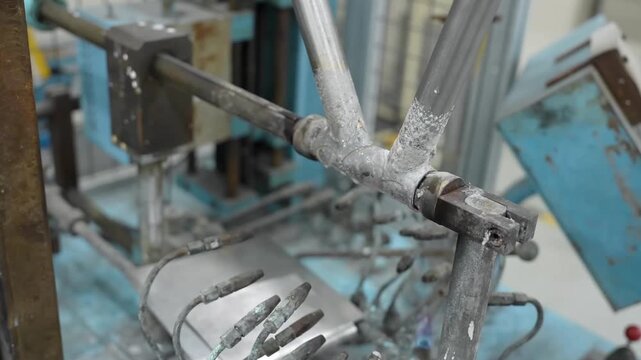 Automated industrial brazing system using multiple torch heads to heat a bicycle frame joint in a high-tech factory