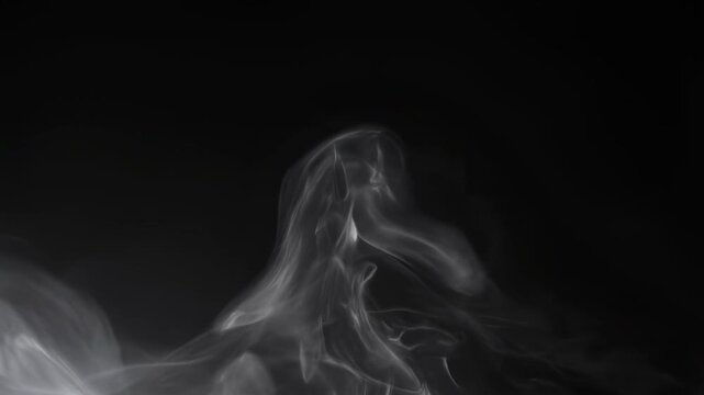 Ethereal smoke swirling gracefully against a black background. Captivating visual for artistic projects, evoking mystery and fluidity