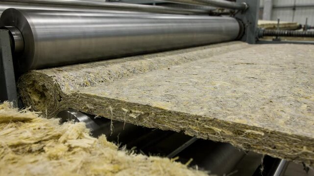 Closeup medium shot of a roller press evenly flattening mineral wool layers into uniform rigid insulation boards highlighting smooth mechanical motion and material transformation.