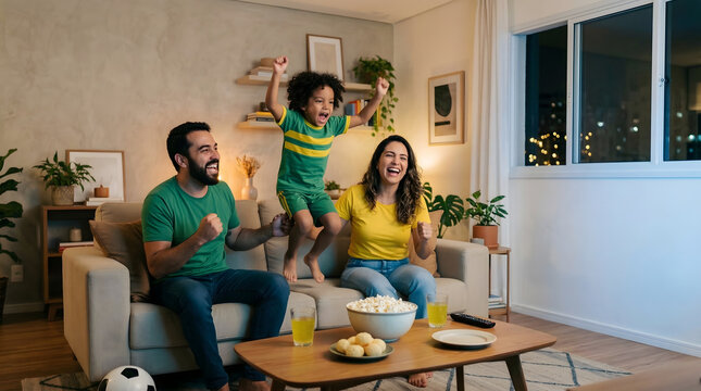 Family reacting to a soccer match while seated together on a sofa