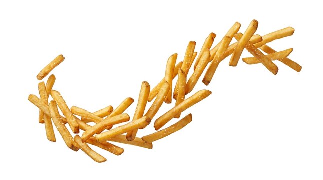 A mouthwatering serving of crispy golden French fries suspended in mid-air