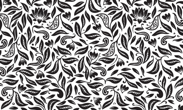 Elegant Black Floral Seamless Pattern, Intricate Botanical Vector Background
