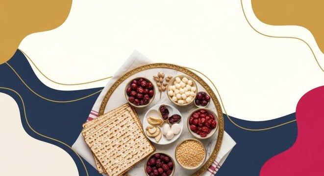 Traditional Seder plate with matzah and dried fruits, a festive Passover spread on a marble tray, conceptual food preparation for Jewish holiday meal.