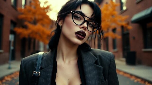 A woman with closed eyes in a realistic style on an autumn city street background, concept of calm focus
