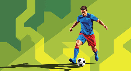 Low Poly Soccer Player Kicking Ball, Dynamic Geometric Background © Sego