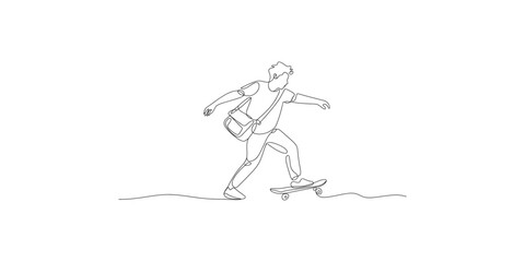 Fototapeta premium Young man skateboarding with a bag on one shoulder in a continuous line drawing style