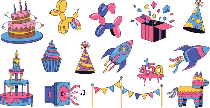 Birthday Party Elements Set with Cake Balloons Rocket Gift Banner Pinata Vector