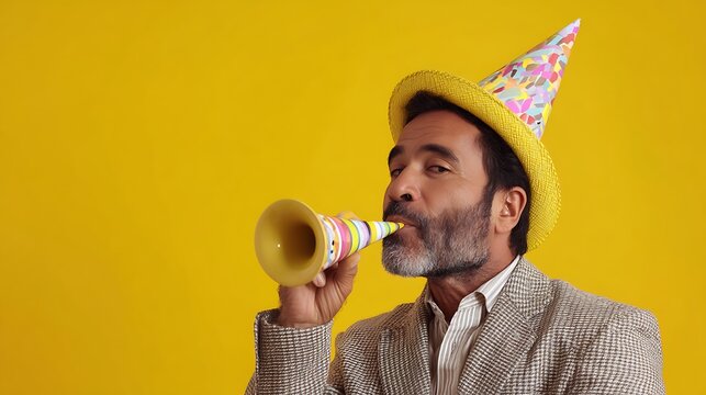 Happy senior man wearing party hat and blowing horn whistle over yellow background
