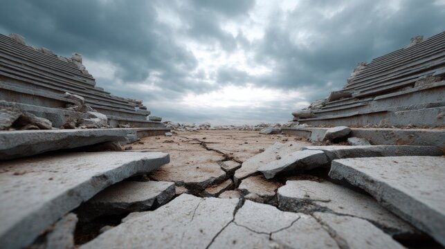 Cracked Stone Seating in Open-Air Amphitheater Under Dramatic Sky
