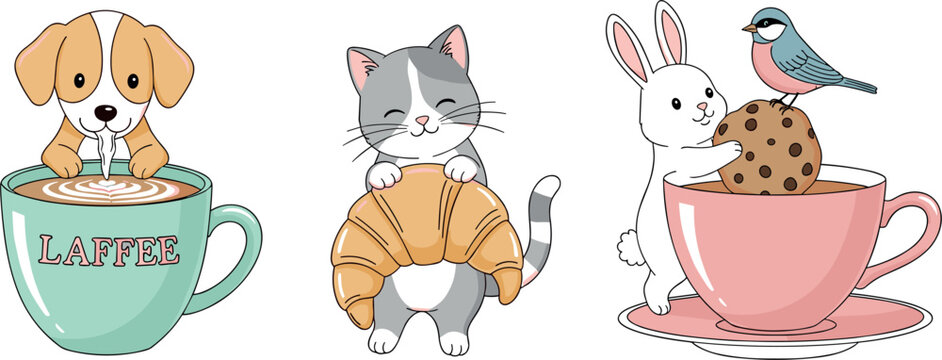 Cute travel coffee doodle set with Paris landmarks, pastries, maps, luggage, and cozy cafe elements illustration