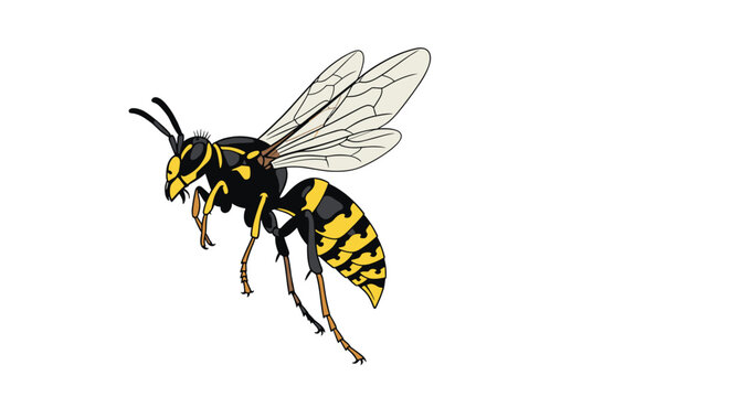 Detailed illustration of a yellowjacket wasp in flight showing wings and black and yellow stripes for nature study.