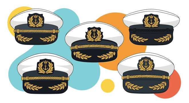 Set of five navy captain hats with gold anchor emblems and laurel leaves on a colorful background for nautical themes.