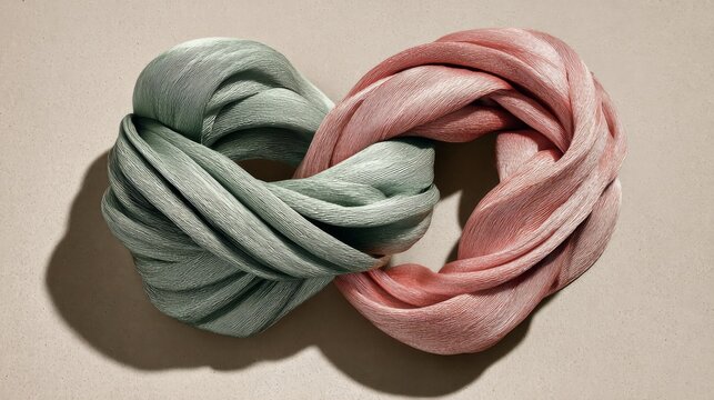 Two intertwined silk ribbons displaying complementary colors and delicate textures, softly lit with subtle shadows