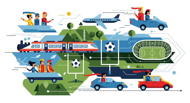 Sports Fans Travel to Soccer Game by Car, Train, and Plane