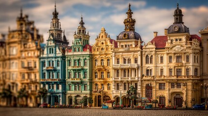 Obraz premium Collection of miniature architectural models showcasing ornate historical European buildings with detailed facades and towering spires.