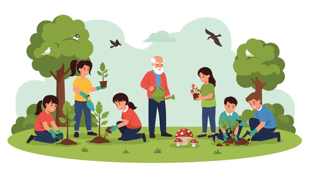 Group of people of different ages including children and a senior man planting trees and flowers in a park to promote environmental awareness.
