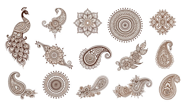 Beautiful collection of mehndi henna tattoo designs featuring peacock motifs, intricate mandalas, and traditional paisley patterns.