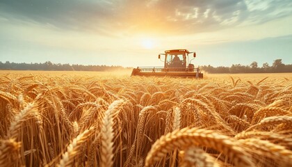 Fototapeta premium Combine Harvesting Golden Wheat Field Grain in Farmland Scene Against a Dramatic Evening Sky