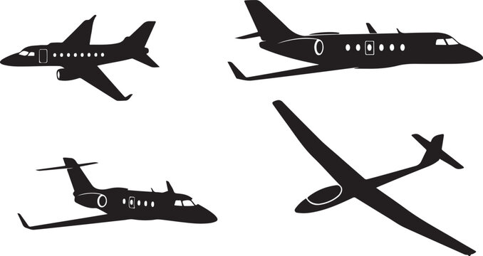 jet airplane private jet glider silhouette set clean black design isolated on white
