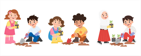 Illustration set of children gardening planting plants © Heyauli 