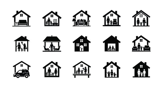 Collection of black and white minimalist icons representing diverse families in homes depicting family life togetherness and community in simple vector style