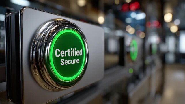 Certified Secure Button: A close-up shot of a gleaming, metallic button, brightly illuminated with a vibrant green light and the words Certified Secure.