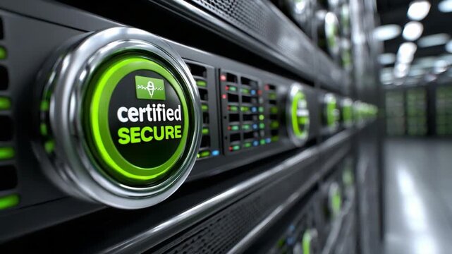 Certified Secure Server: A close-up shot of a server rack with a certified secure seal. This image symbolizes security, data protection, and technological advancement in a modern digital landscape.
