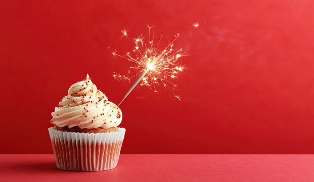 A vanilla cupcake with white frosting and red sprinkles is topped with a lit sparkler against a bright red background.