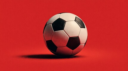 Naklejka premium Classic black and white soccer ball positioned on a vibrant red background, showcasing its distinct pentagonal and hexagonal panels in a clean, minimalistic design