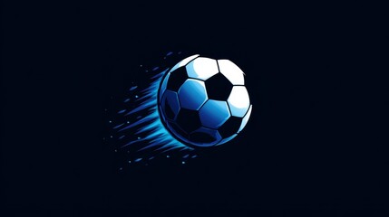 Fototapeta premium Soccer ball in motion with a dynamic blue trail on a dark background, illustrating speed and energy in sports design