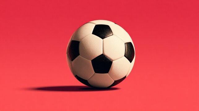 Classic black and white soccer ball positioned on a vibrant red background, showcasing its distinct pentagonal and hexagonal panel design and smooth surface texture