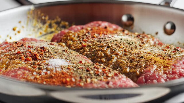 Raw Ground Meat Seasoned with Spices in a Skillet.