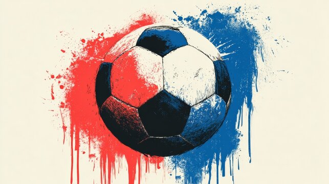 Soccer ball illustration with red and blue paint splashes on a light background, showcasing a dynamic and artistic representation of the sport