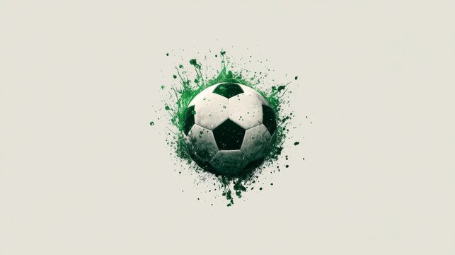 Soccer ball with green paint splashes on a light background, showcasing dynamic motion and energy, ideal for sports-themed designs and promotional materials