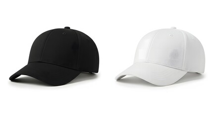 Fototapeta premium Two baseball caps one black and one white shown side by side on a plain white background with soft studio lighting