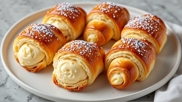 white plate six freshly baked croissants croissant side plate golden brown has swirl white cream top top croissante covered generous amount powdered sugar giving sparkling appearance plate sitting