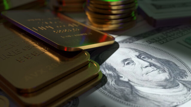 Gold Bars And Coins With The Banknote Of The United States